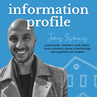 Book cover with a man's face and text about a 'information profile' on a blue background