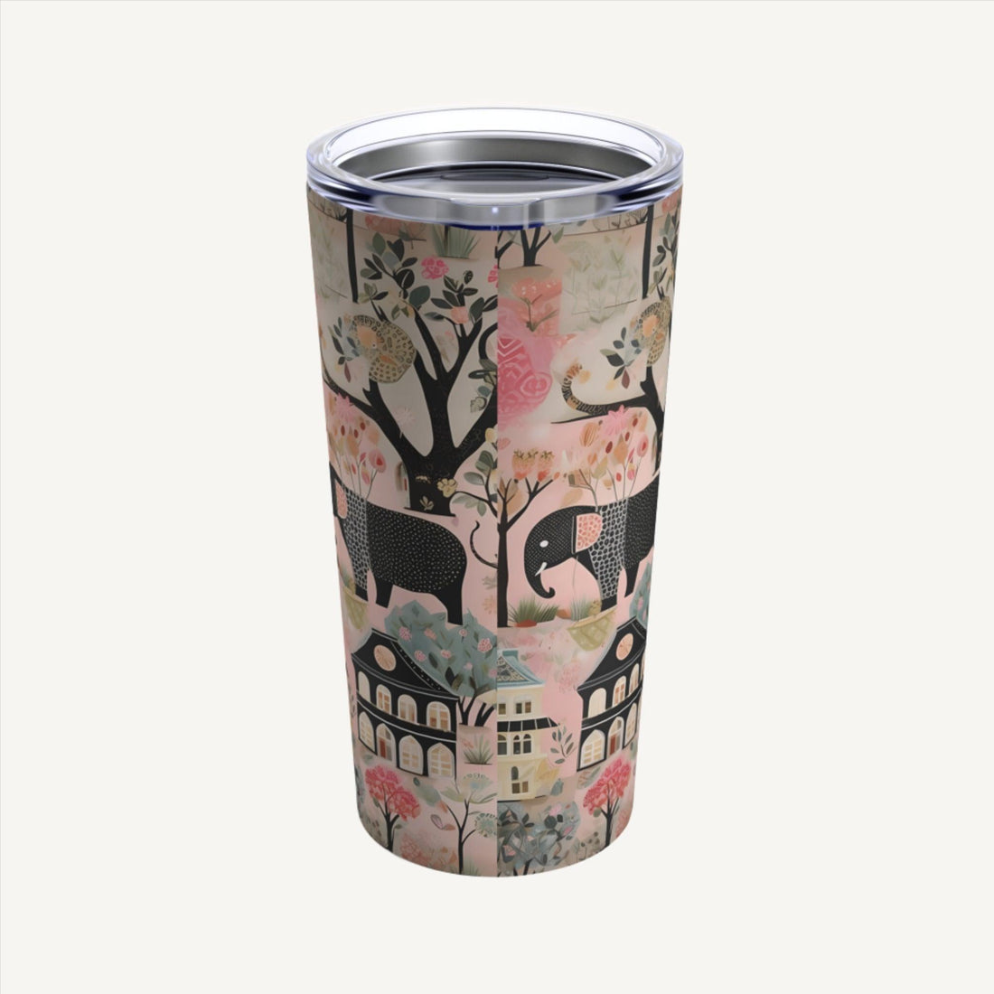 Whimsical Chinoiserie Stainless Steel 20 oz Tumbler in Pink with Colorful Accents, featuring Classy Boho Theme and Abstract Elephant, Houses, and Tree Designs. Perfect for Keeping Your Drinks Stylishly Cool on the Go!