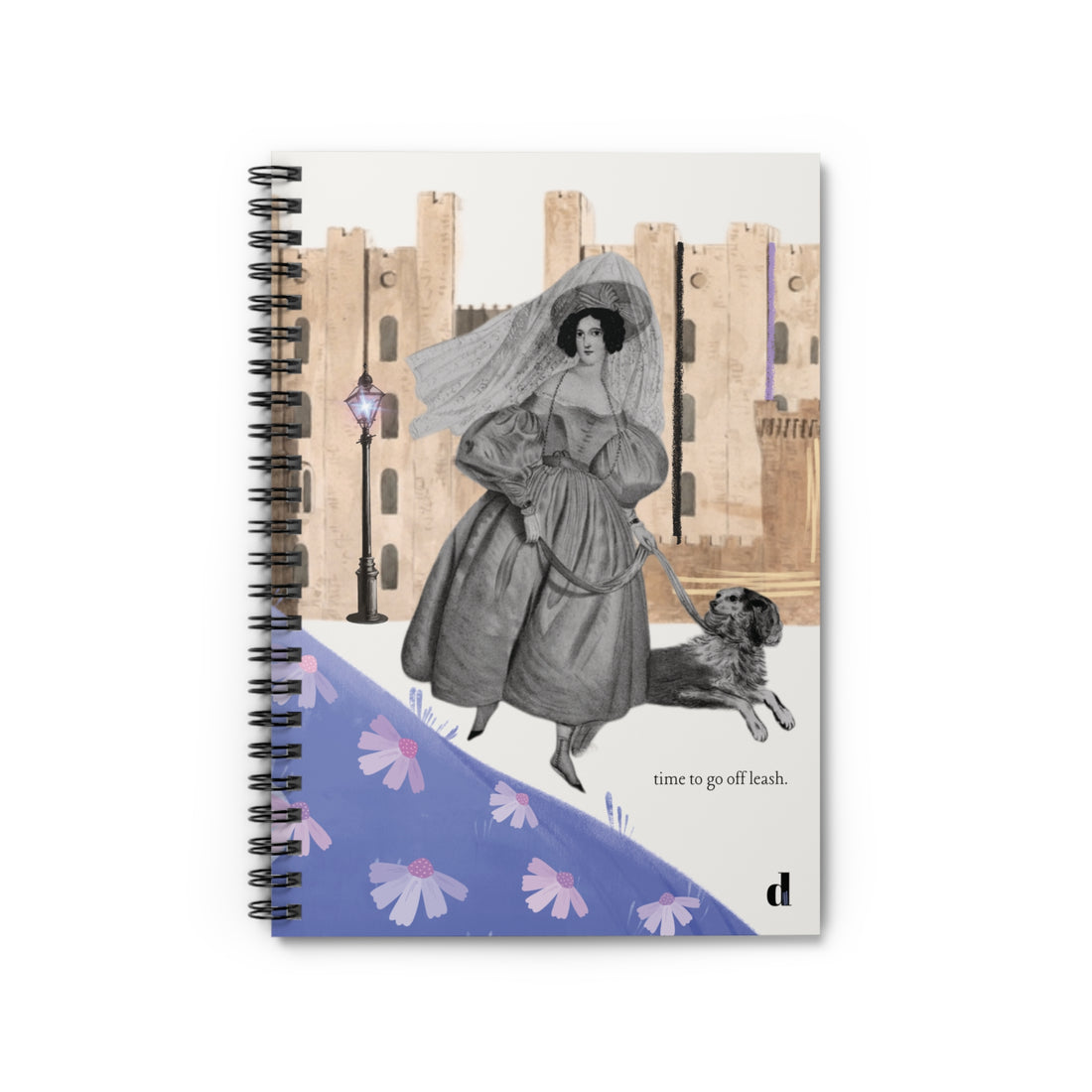 Notebook with vintage-style illustration of a woman and dog, set against a cityscape background.