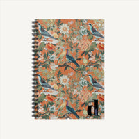 Elevate your note-taking with our abstract spiral ruled line notebook journal, featuring a vibrant chinoiserie-inspired design. With a classy boho theme, this notebook boasts stunning orange hues with accents of blue and yellow, adorned with intricate bird, branch, and floral motifs in chinoiserie style. Perfect for capturing your thoughts, sketches, and ideas in style!