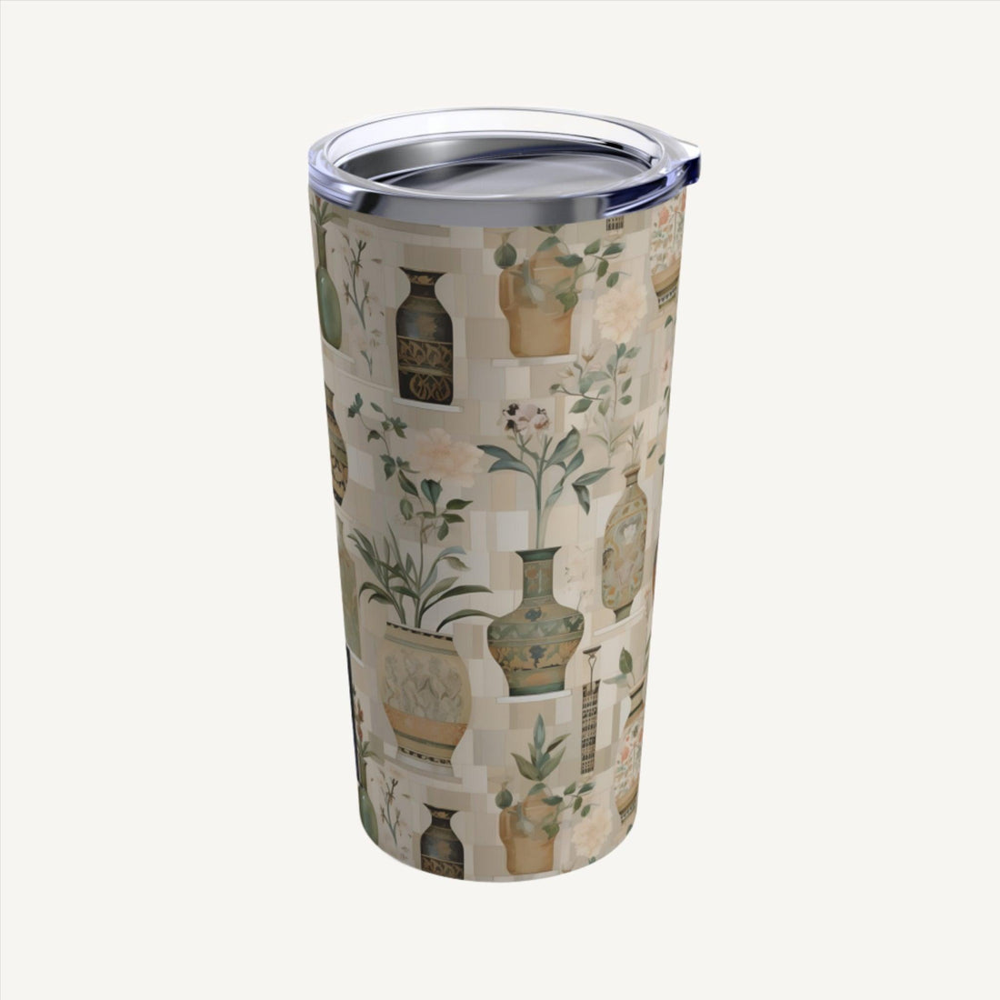 Stainless steel 20 oz tumbler with neutral and earth-tone chinoiserie-inspired design. Classy and boho-themed, featuring abstract line patterns resembling vases filled with plants and flowers. Perfect for adding a touch of elegance and nature-inspired charm to your on-the-go beverages.