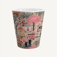 Chic and colorful cottagecore latte mug featuring charming elephants, crafted from durable ceramic. Microwave safe with an array of pink and red hues, adorned with various patterns and colors. Elevate your morning routine with this vibrant and unique piece.