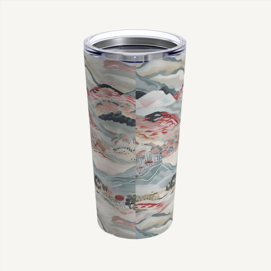 Elevate your drink experience with our chic stainless steel 20 oz tumbler. Featuring a captivating Chinoiserie theme with rich blue and vibrant red accents, this tumbler embodies both class and boho charm. Its abstract design showcases mountains, sky, and earth, offering a stylish blend of nature-inspired elegance. Perfect for on-the-go sips or leisurely moments, enjoy your favorite beverage in style and durability