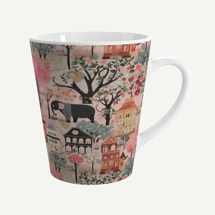 Chic and colorful cottagecore latte mug featuring charming elephants, crafted from durable ceramic. Microwave safe with an array of pink and red hues, adorned with various patterns and colors. Elevate your morning routine with this vibrant and unique piece.