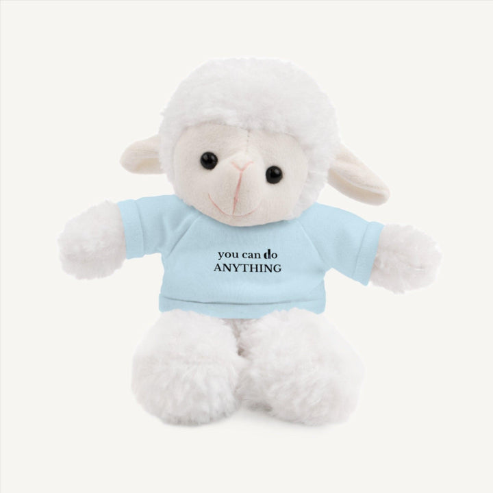 8--inch teddy sheep wearing a light blue  t-shirt with the motivational message 'you can do anything' printed on it, serving as an ideal cuddly companion for promoting positivity and comfort. This mental health plushie promotes mental wellness and serves as a source of encouragement and support.