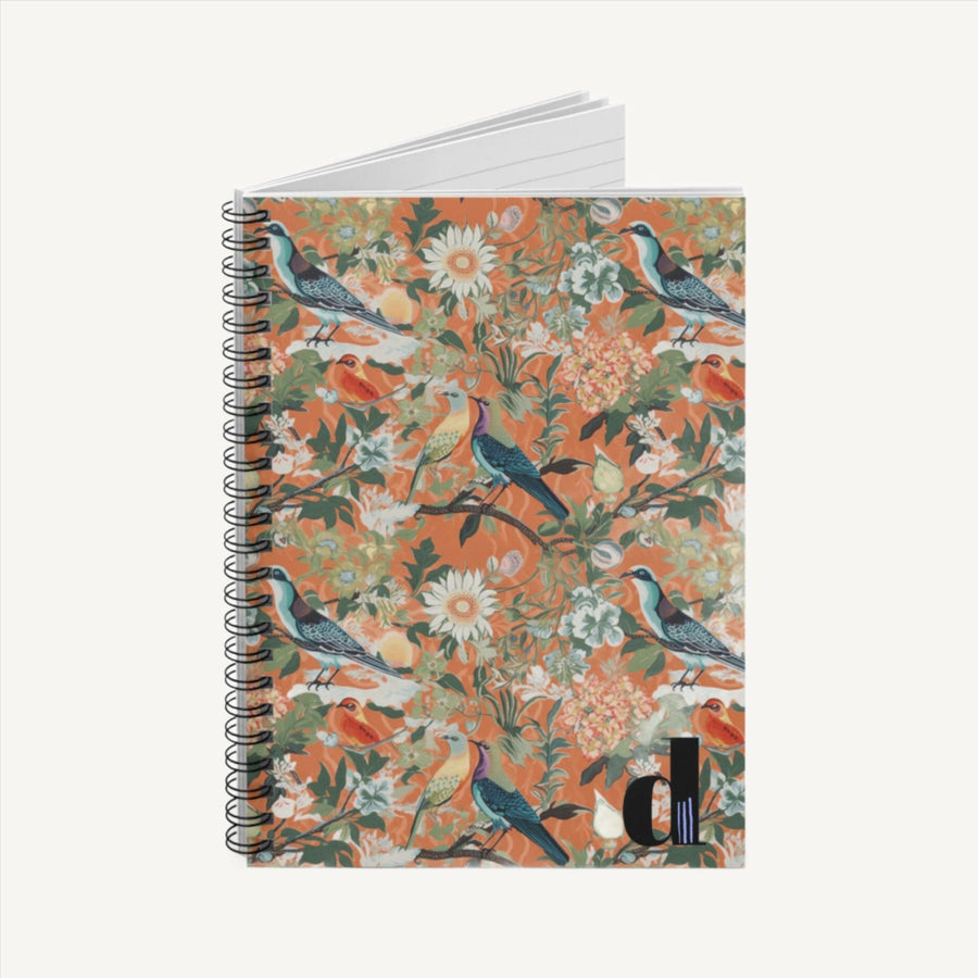 Elevate your note-taking with our abstract spiral ruled line notebook journal, featuring a vibrant chinoiserie-inspired design. With a classy boho theme, this notebook boasts stunning orange hues with accents of blue and yellow, adorned with intricate bird, branch, and floral motifs in chinoiserie style. Perfect for capturing your thoughts, sketches, and ideas in style!