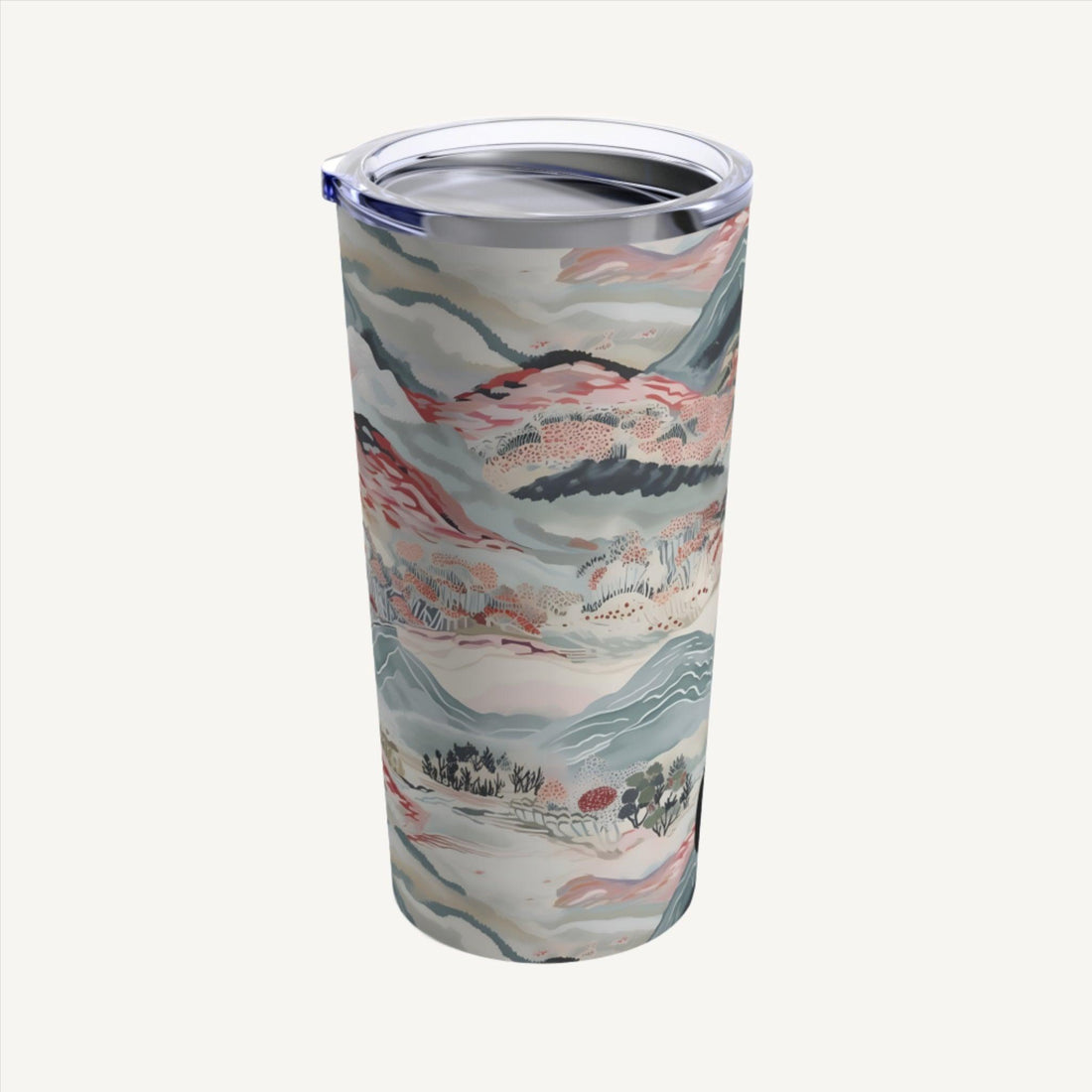 Elevate your drink experience with our chic stainless steel 20 oz tumbler. Featuring a captivating Chinoiserie theme with rich blue and vibrant red accents, this tumbler embodies both class and boho charm. Its abstract design showcases mountains, sky, and earth, offering a stylish blend of nature-inspired elegance. Perfect for on-the-go sips or leisurely moments, enjoy your favorite beverage in style and durability