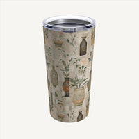 Stainless steel 20 oz tumbler with neutral and earth-tone chinoiserie-inspired design. Classy and boho-themed, featuring abstract line patterns resembling vases filled with plants and flowers. Perfect for adding a touch of elegance and nature-inspired charm to your on-the-go beverages.