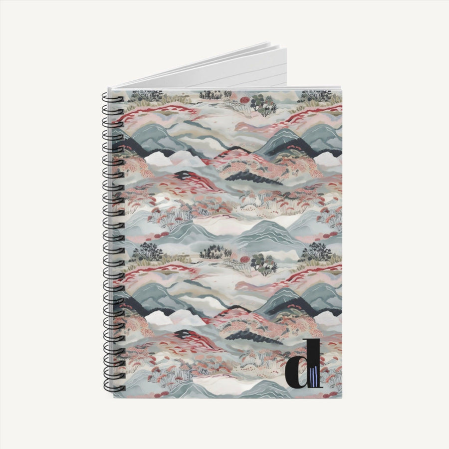 Immerse yourself in the serenity of nature with our abstract spiral ruled line notebook journal, capturing the essence of majestic mountains, expansive sky, and fertile earth. With a timeless boho theme, this notebook showcases calming blue hues complemented by accents of vibrant red, adorned with intricate mountain, cloud, and earthy motifs. Ideal for journaling your musings, sketches, and creative ideas with an enchanting touch!