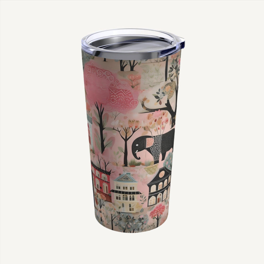 Whimsical Chinoiserie Stainless Steel 20 oz Tumbler in Pink with Colorful Accents, featuring Classy Boho Theme and Abstract Elephant, Houses, and Tree Designs. Perfect for Keeping Your Drinks Stylishly Cool on the Go!