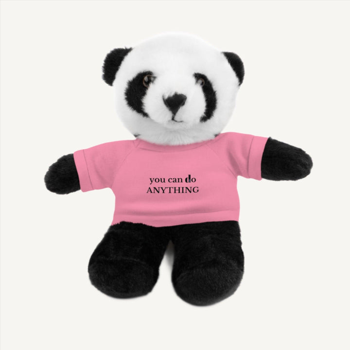 8--inch teddy panda wearing a light pink  t-shirt with the motivational message 'you can do anything' printed on it, serving as an ideal cuddly companion for promoting positivity and comfort. This mental health plushie promotes mental wellness and serves as a source of encouragement and support.