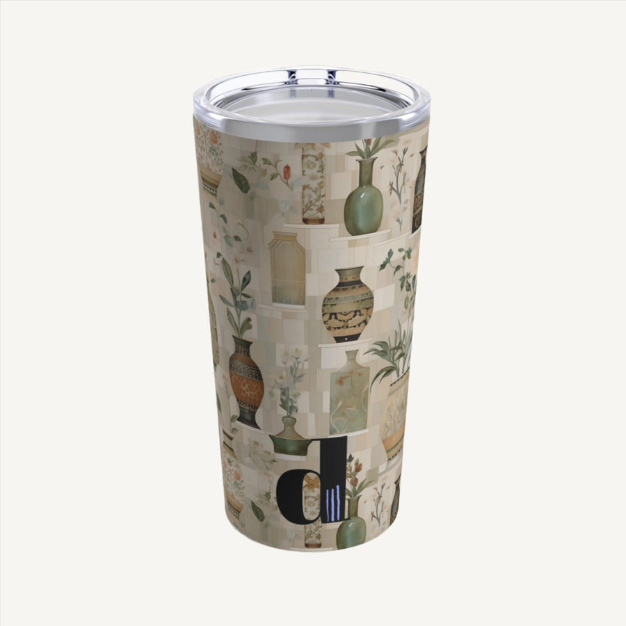 Stainless steel 20 oz tumbler with neutral and earth-tone chinoiserie-inspired design. Classy and boho-themed, featuring abstract line patterns resembling vases filled with plants and flowers. Perfect for adding a touch of elegance and nature-inspired charm to your on-the-go beverages.