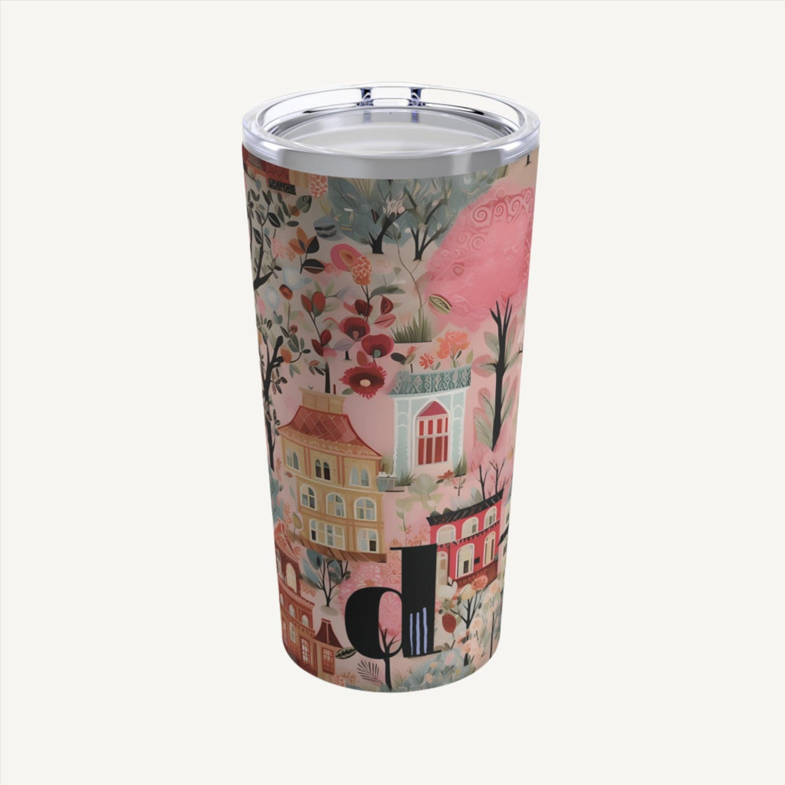 Whimsical Chinoiserie Stainless Steel 20 oz Tumbler in Pink with Colorful Accents, featuring Classy Boho Theme and Abstract Elephant, Houses, and Tree Designs. Perfect for Keeping Your Drinks Stylishly Cool on the Go!