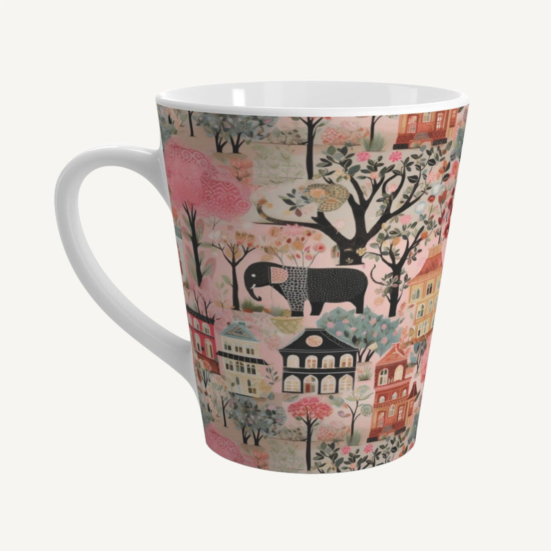 Chic and colorful cottagecore latte mug featuring charming elephants, crafted from durable ceramic. Microwave safe with an array of pink and red hues, adorned with various patterns and colors. Elevate your morning routine with this vibrant and unique piece.