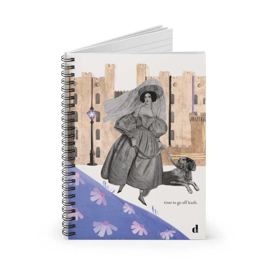 Notebook with a design of a woman walking a dog in front of a castle, on a white background.