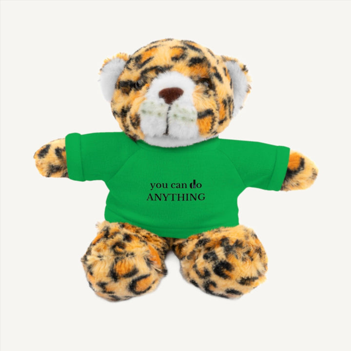 8--inch teddy jaguar wearing a green  t-shirt with the motivational message 'you can do anything' printed on it, serving as an ideal cuddly companion for promoting positivity and comfort. This mental health plushie promotes mental wellness and serves as a source of encouragement and support.