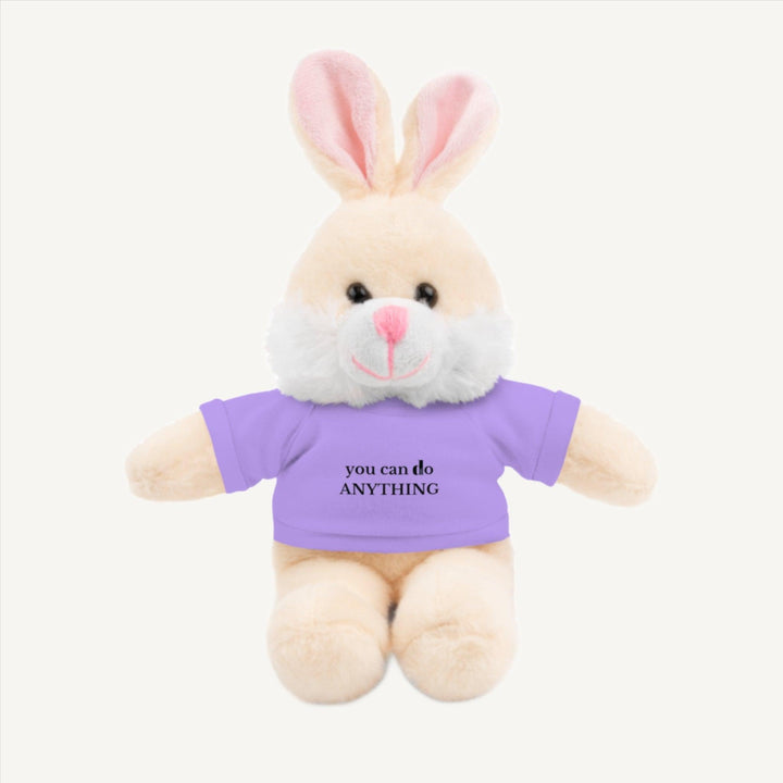 8-inch teddy bunny wearing a purple  t-shirt with the motivational message 'you can do anything' printed on it, serving as an ideal cuddly companion for promoting positivity and comfort. This mental health plushie promotes mental wellness and serves as a source of encouragement and support.