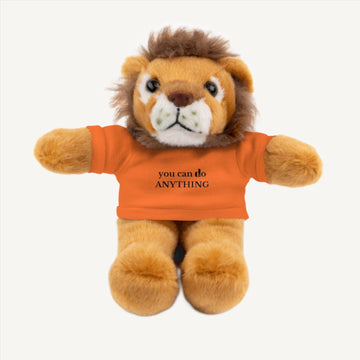 8--inch teddy lion wearing an orange  t-shirt with the motivational message 'you can do anything' printed on it, serving as an ideal cuddly companion for promoting positivity and comfort. This mental health plushie promotes mental wellness and serves as a source of encouragement and support.