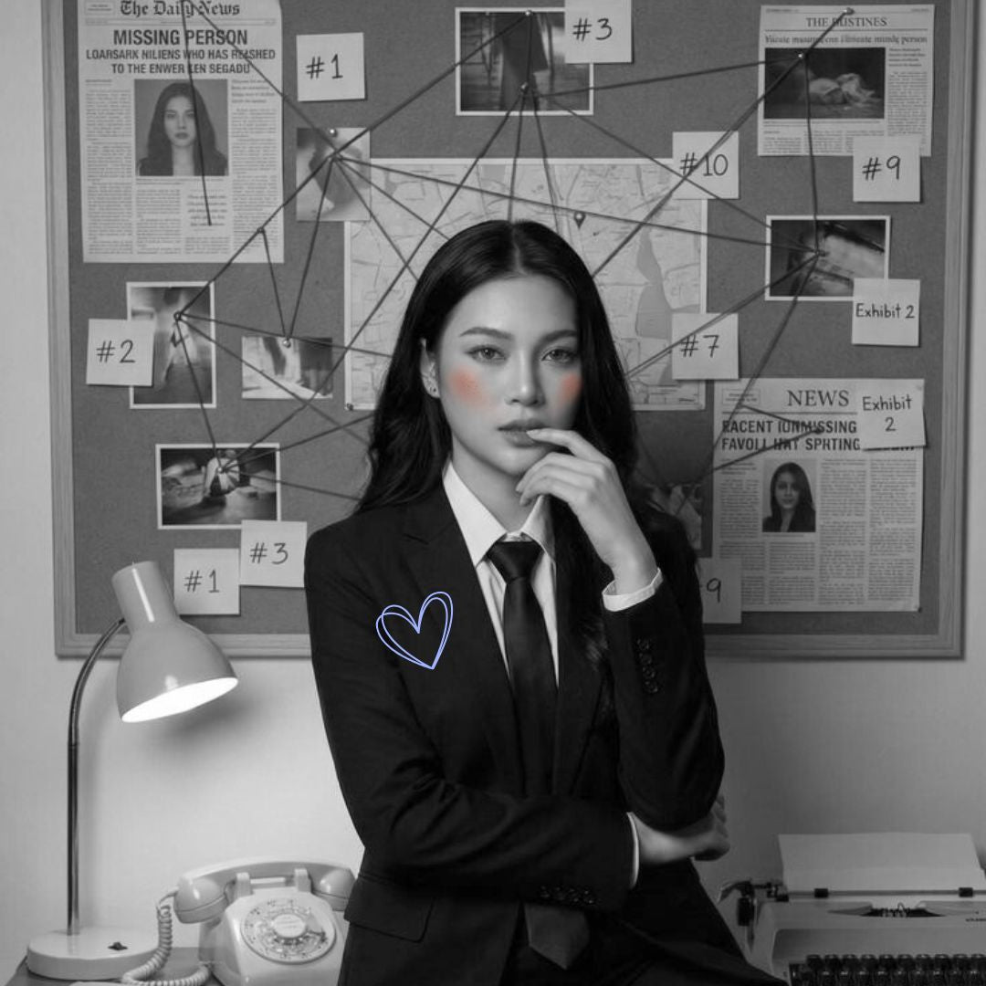 Person in a suit with a heart emblem in front of a bulletin board with newspaper clippings and photos.