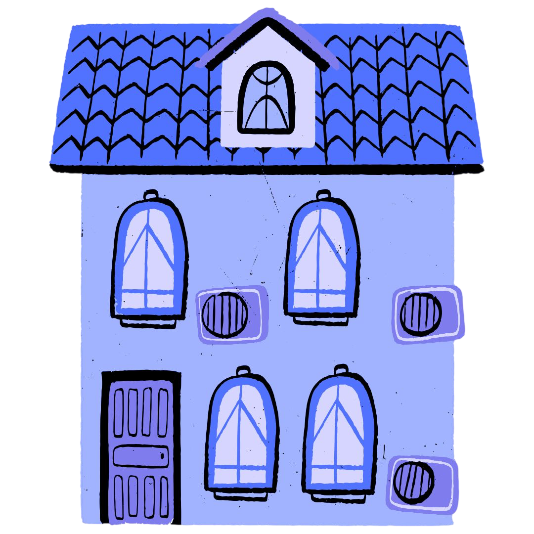 Illustration of a house with blue and black details on a white background