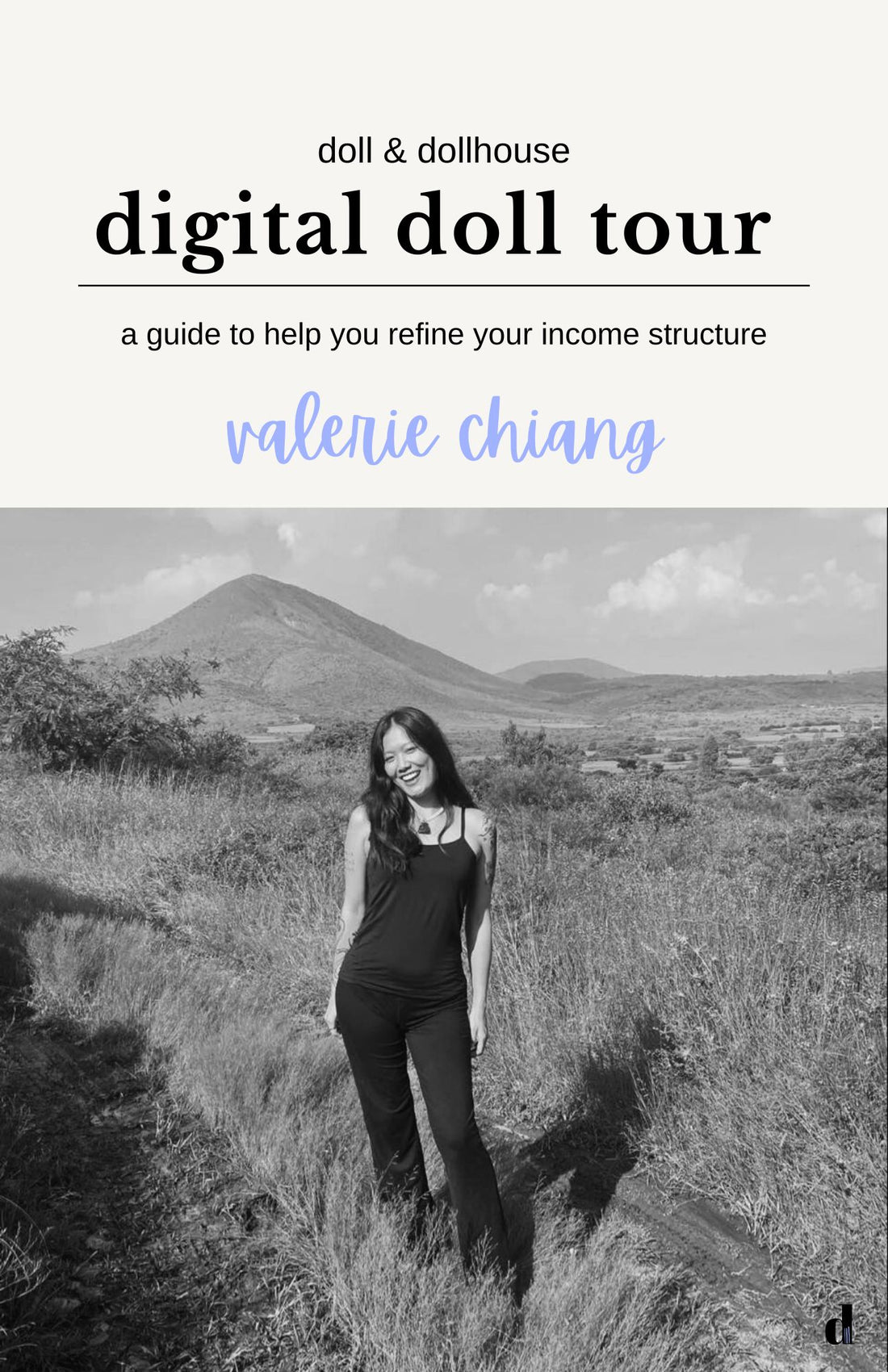 Woman standing in a field with text overlay about a digital doll tour guide by Valerie Chiang.