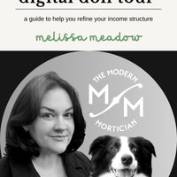 Book cover with a woman and dog, featuring text about a digital doll tour guide by Melissa Meadow.