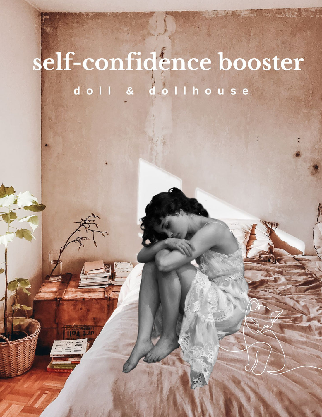 Person sitting on a bed with text &