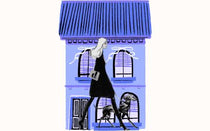 Illustration of a woman walking with a dog in front of a blue house with a black cat on the door.