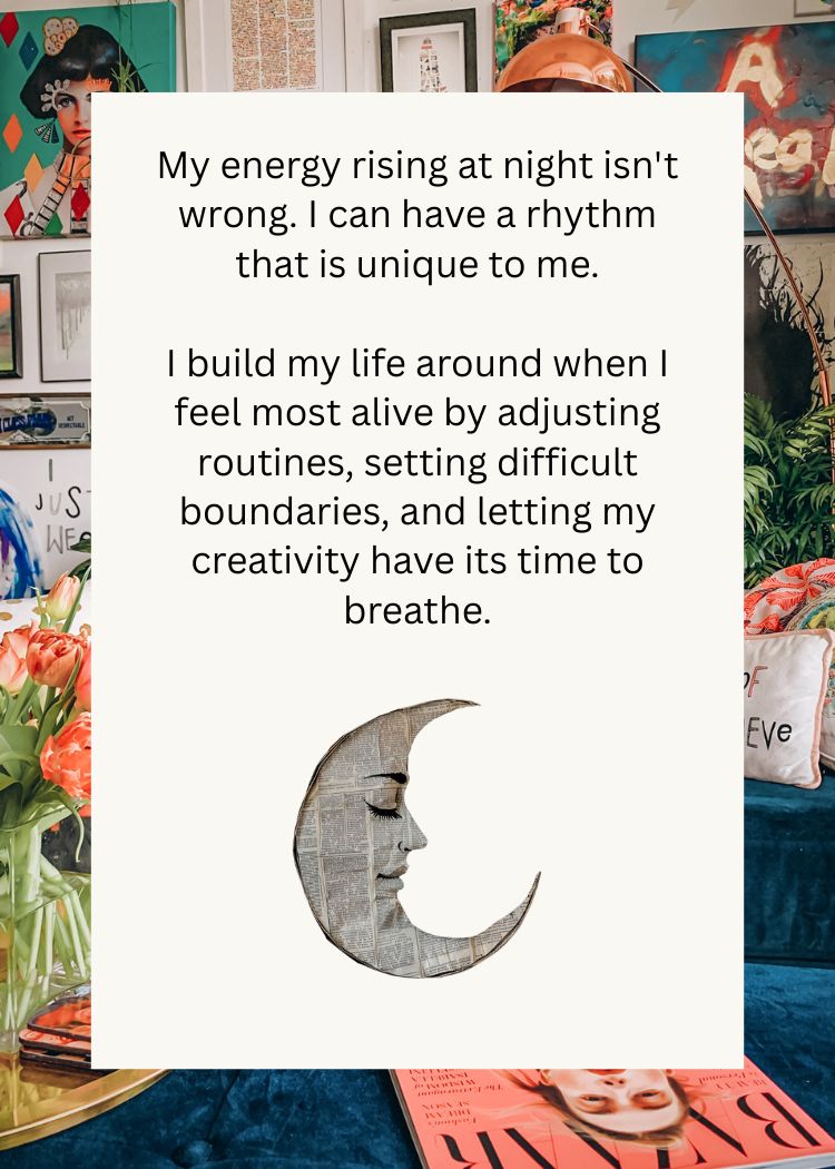 Text overlay on a colorful background with a decorative moon and face sculpture.
