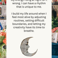 Text overlay on a colorful background with a decorative moon and face sculpture.