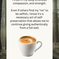 Cup of coffee with a quote about trust, kindness, and self-preservation in a forest setting.