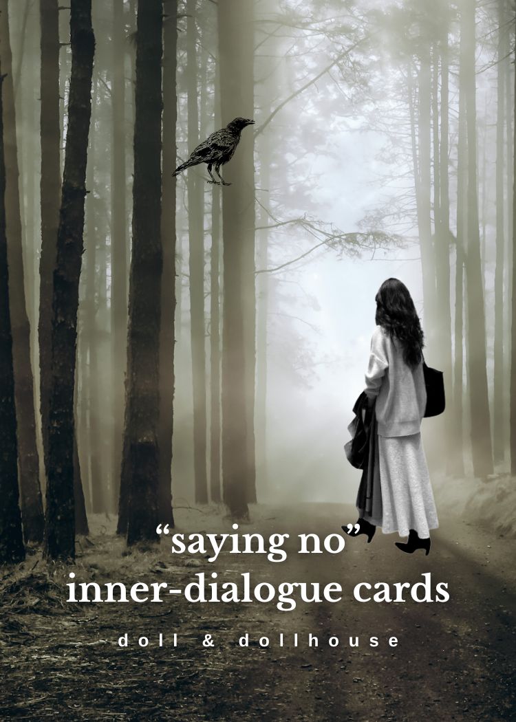 Person walking through a foggy forest with a bird, text overlay &