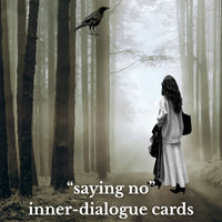 Person walking through a foggy forest with a bird, text overlay 'saying no inner-dialogue cards' by doll & dollhouse.