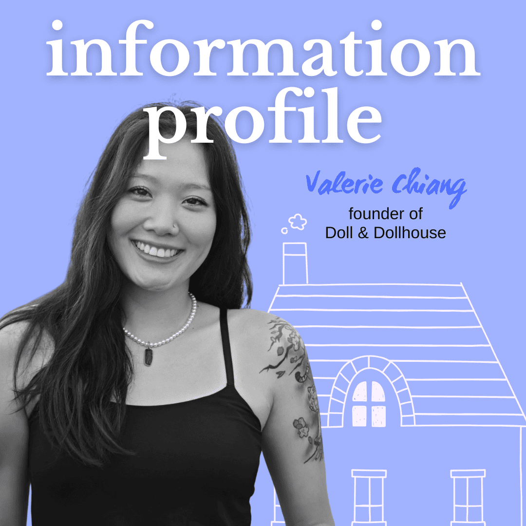 Woman with tattoos and jewelry on a blue background with text and a house illustration.