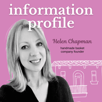 Book cover with a woman's face and text about a handmade basket company on a pink background